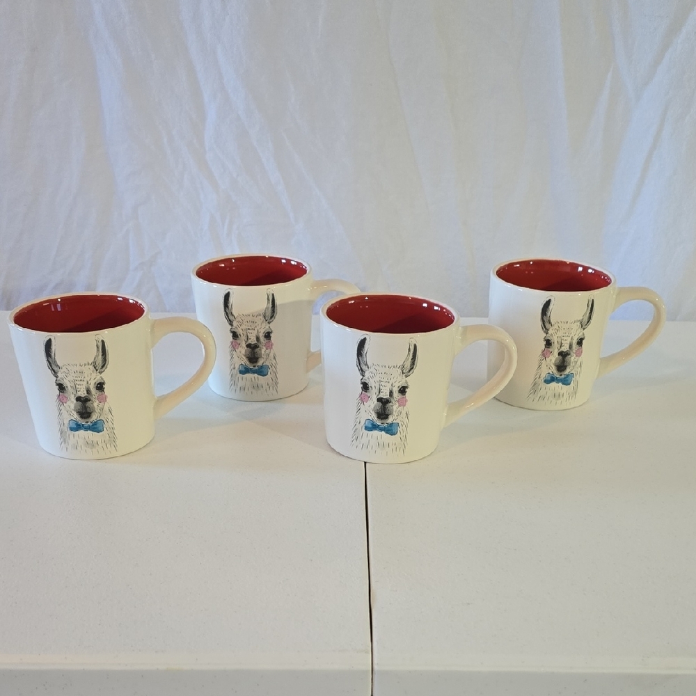 Magenta Llama Print Mugs with Red Interior - Set of 4